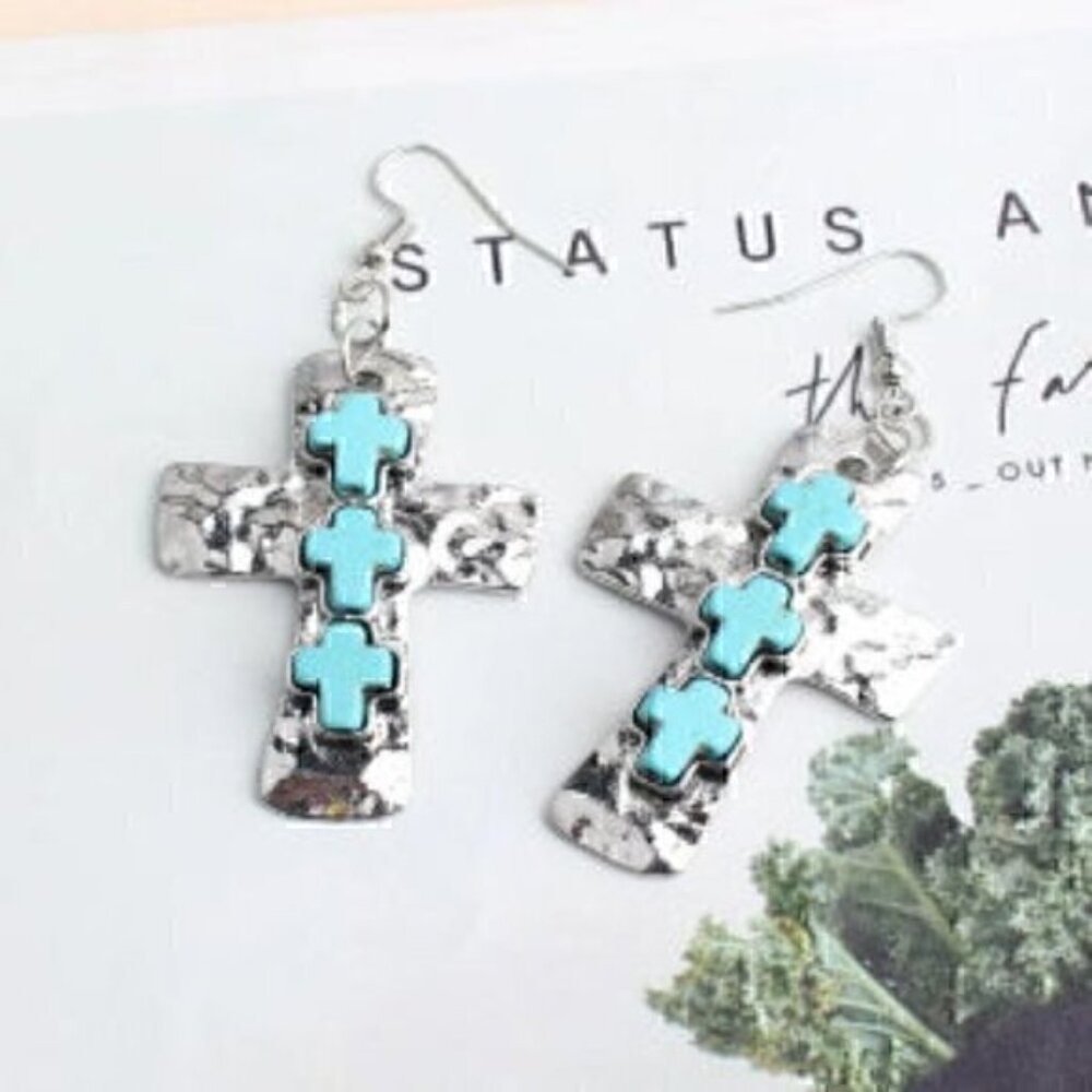 Inlaid Cross Pendant Dangle Stone Drop Earrings Jewelry Womens Party